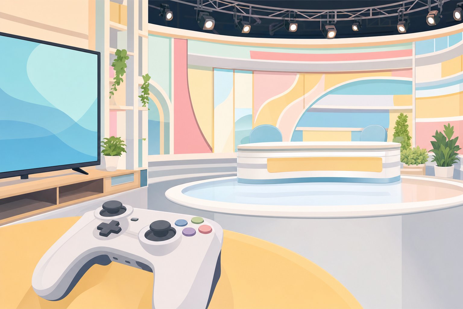 ゲームのコントローラーとテレビ番組のスタジオのイメージ